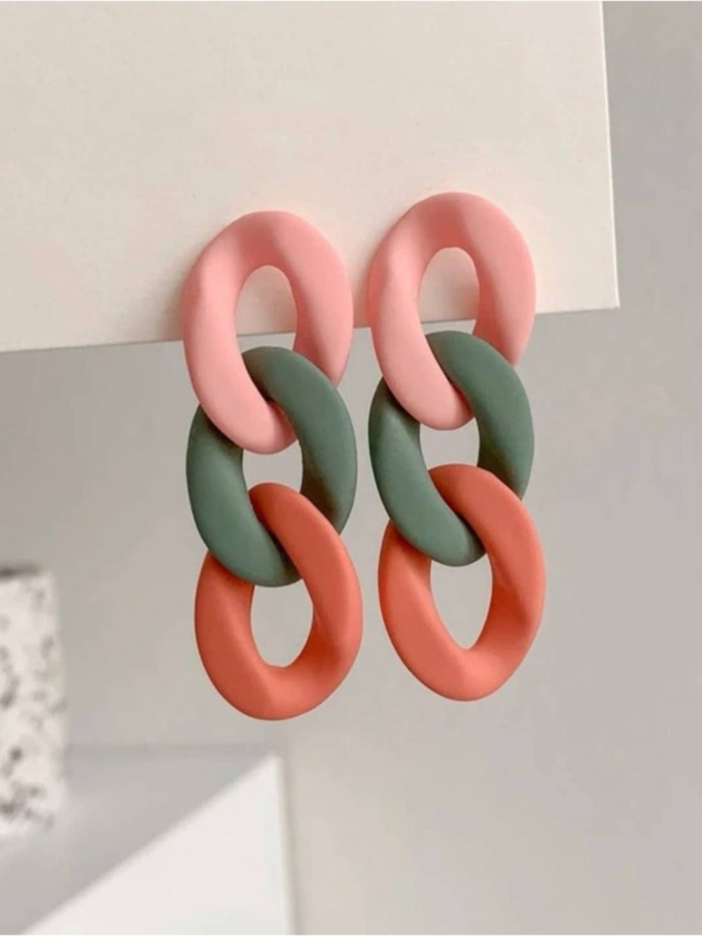 Triple Link Pink Green Coral Drop Earrings - Women Jewelry